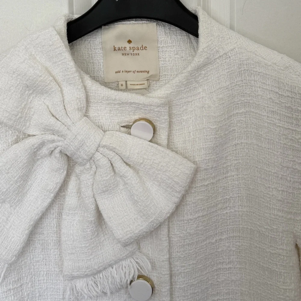 Kate Spade Dorothy Bow-front Tweed Bracelet-sleeve Coat  White Size 6 $548 USD